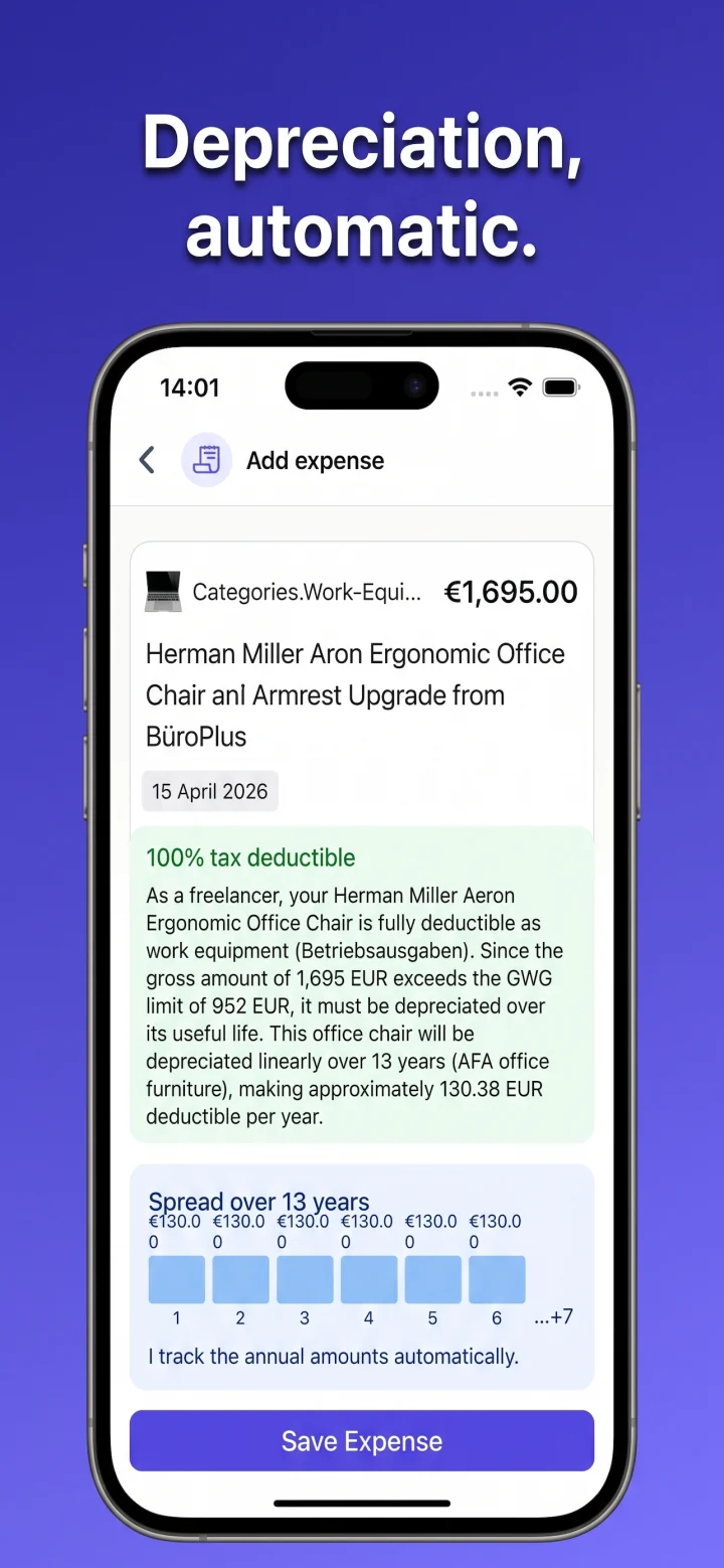 Receipt scanned — Restio shows the amount, category, deductibility and tax savings, plus the depreciation spread over the right number of years.