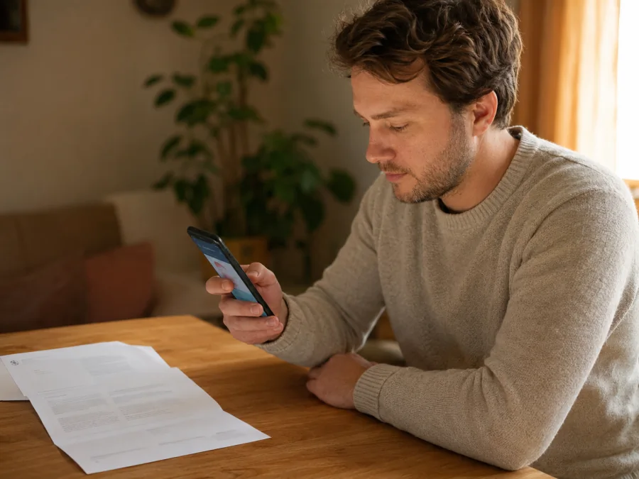 Employee with a Finanzamt assessment at the kitchen table, Restio on their phone beside them.