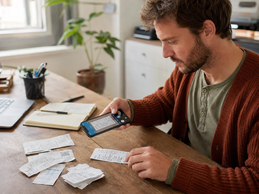 Freelancer am Schreibtisch mit Belegen und Rechnung, Restio scannt einen Beleg per Handy.